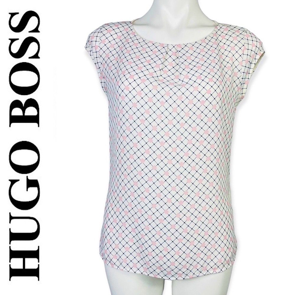 Hugo Boss Women’s Mix Media Blouse Top Cap Sleeve Geometric print white pink S